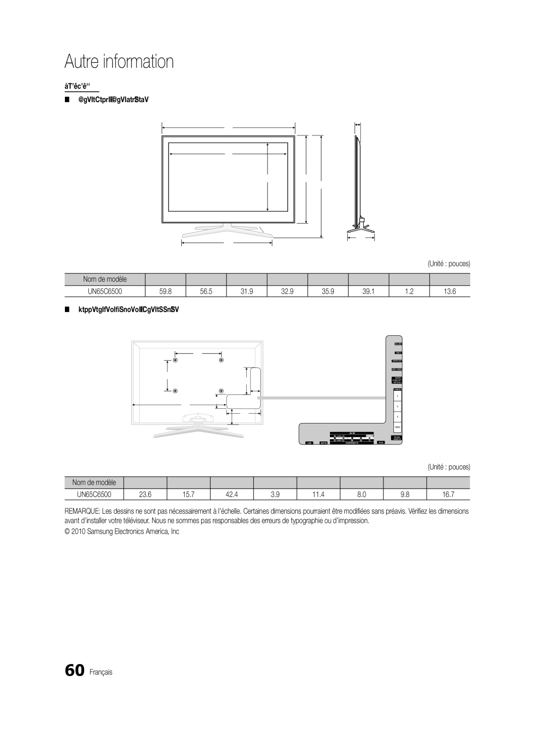 Samsung BN68-02711F-04 user manual UN65C6500 Vue avant / Vue latérale, 59.8 56.5, 32.9 35.9 39.1 13.6, 42.4 11.4 16.7 