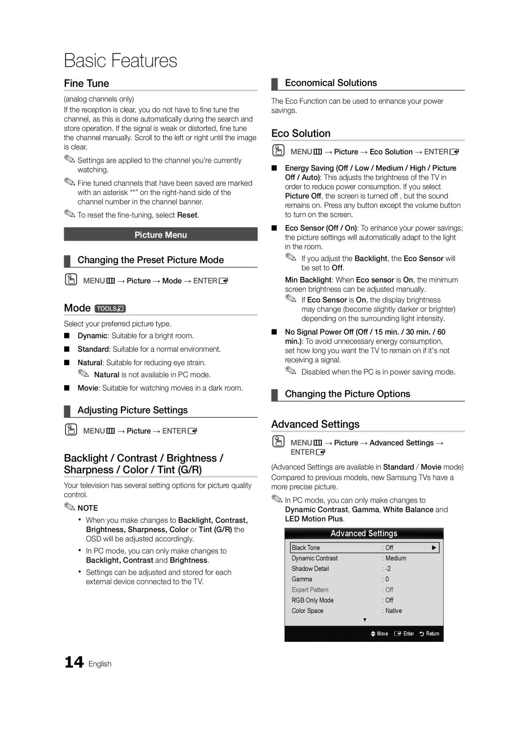 Samsung BN68-02711F-04 user manual Fine Tune, Mode t, Eco Solution, Advanced Settings 