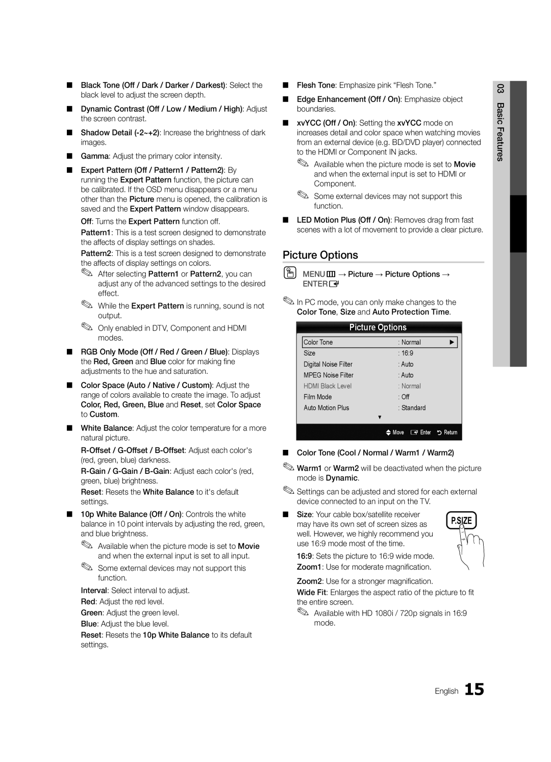 Samsung BN68-02711F-04 user manual Off Turns the Expert Pattern function off, OO MENUm→ Picture → Picture Options → 