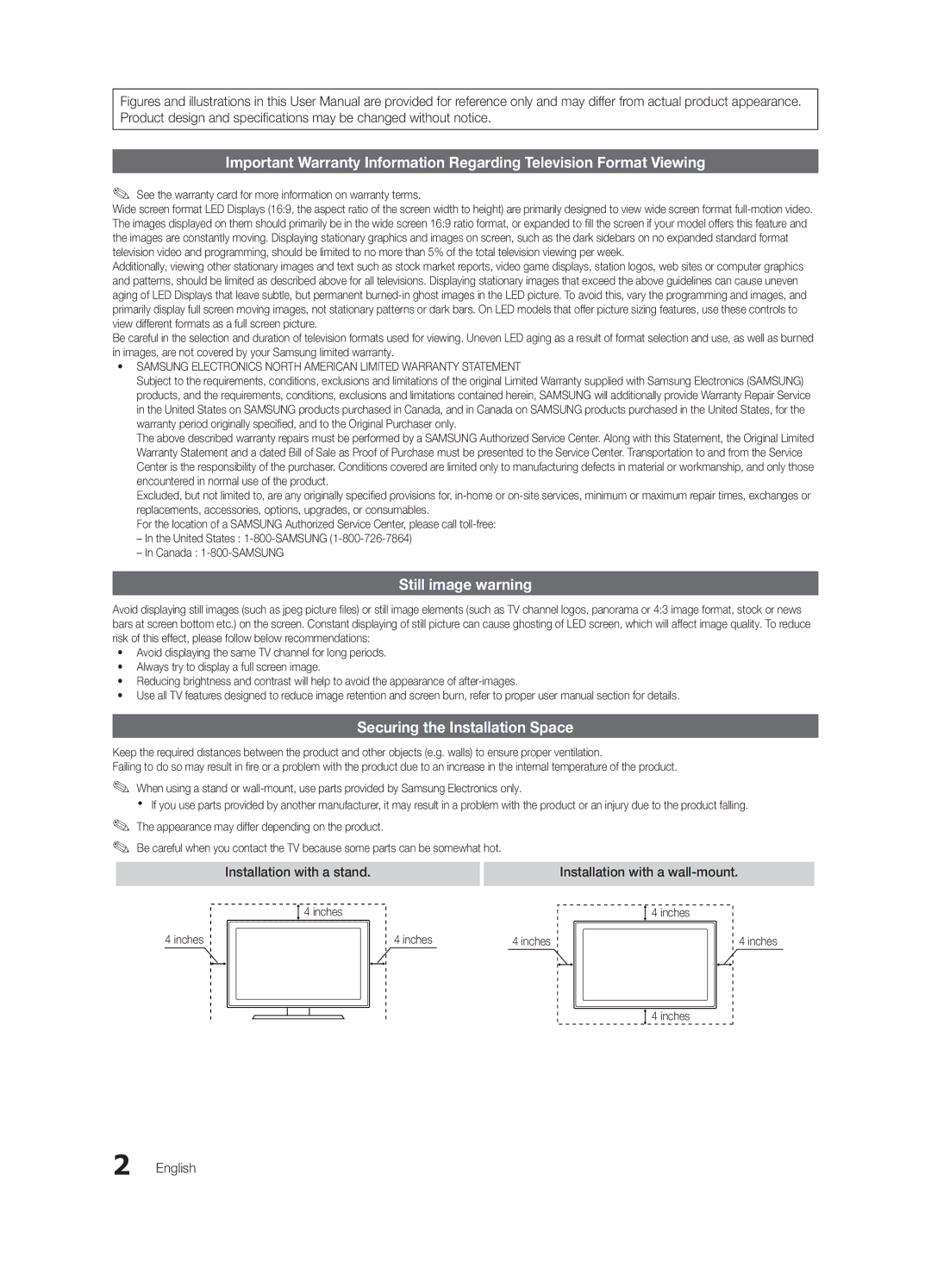 Samsung BN68-02711F-04 user manual Still image warning, Securing the Installation Space, Installation with a stand, English 