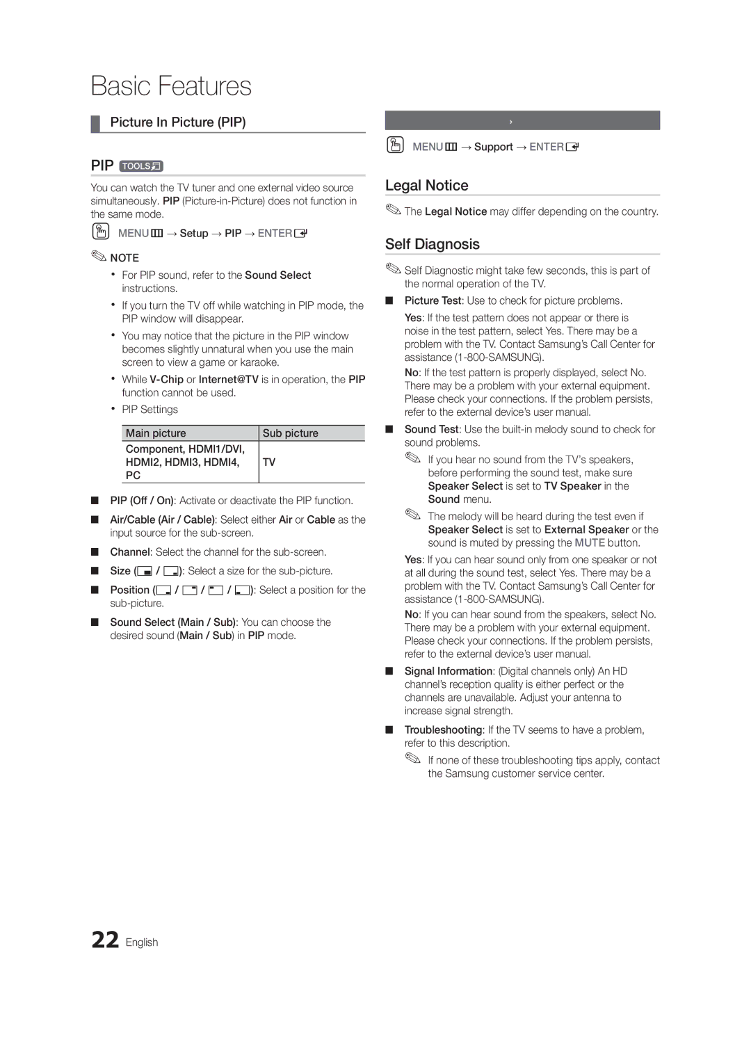 Samsung BN68-02711F-04 user manual PIP t, Legal Notice, Self Diagnosis, Picture In Picture PIP, Support Menu 