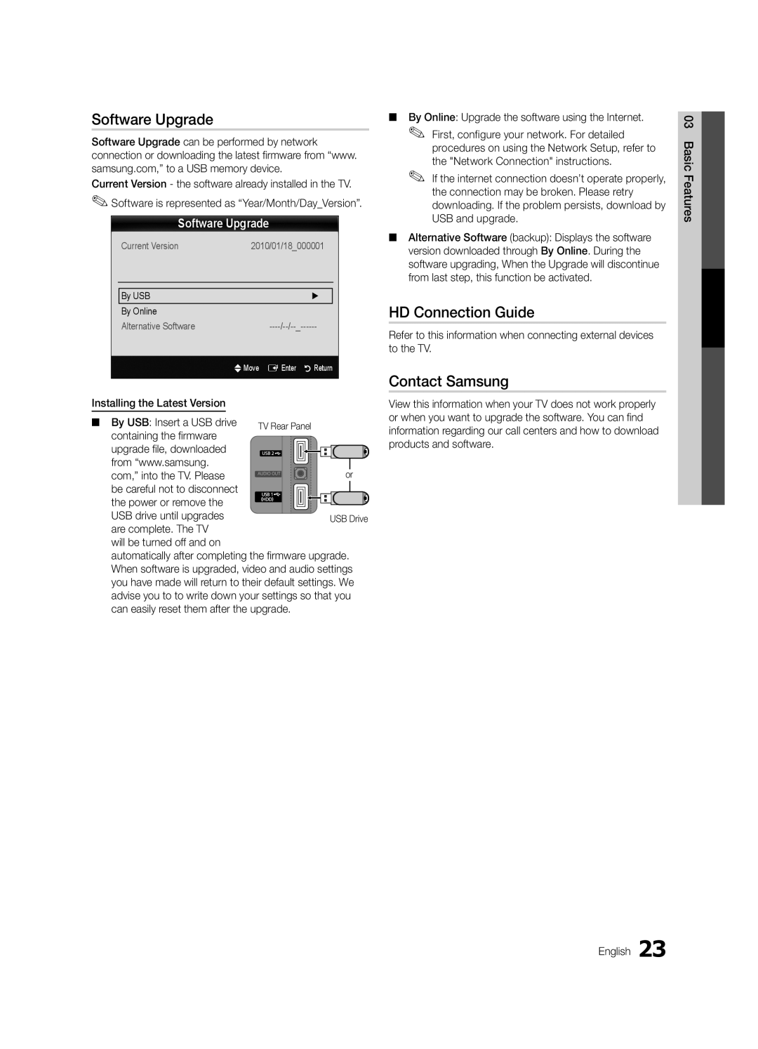 Samsung BN68-02711F-04 user manual Software Upgrade, HD Connection Guide, Contact Samsung 