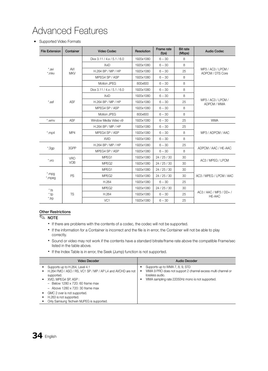 Samsung BN68-02711F-04 user manual Yy Supported Video Formats, Mbps, 1920x1080, Supported Lossless audio 