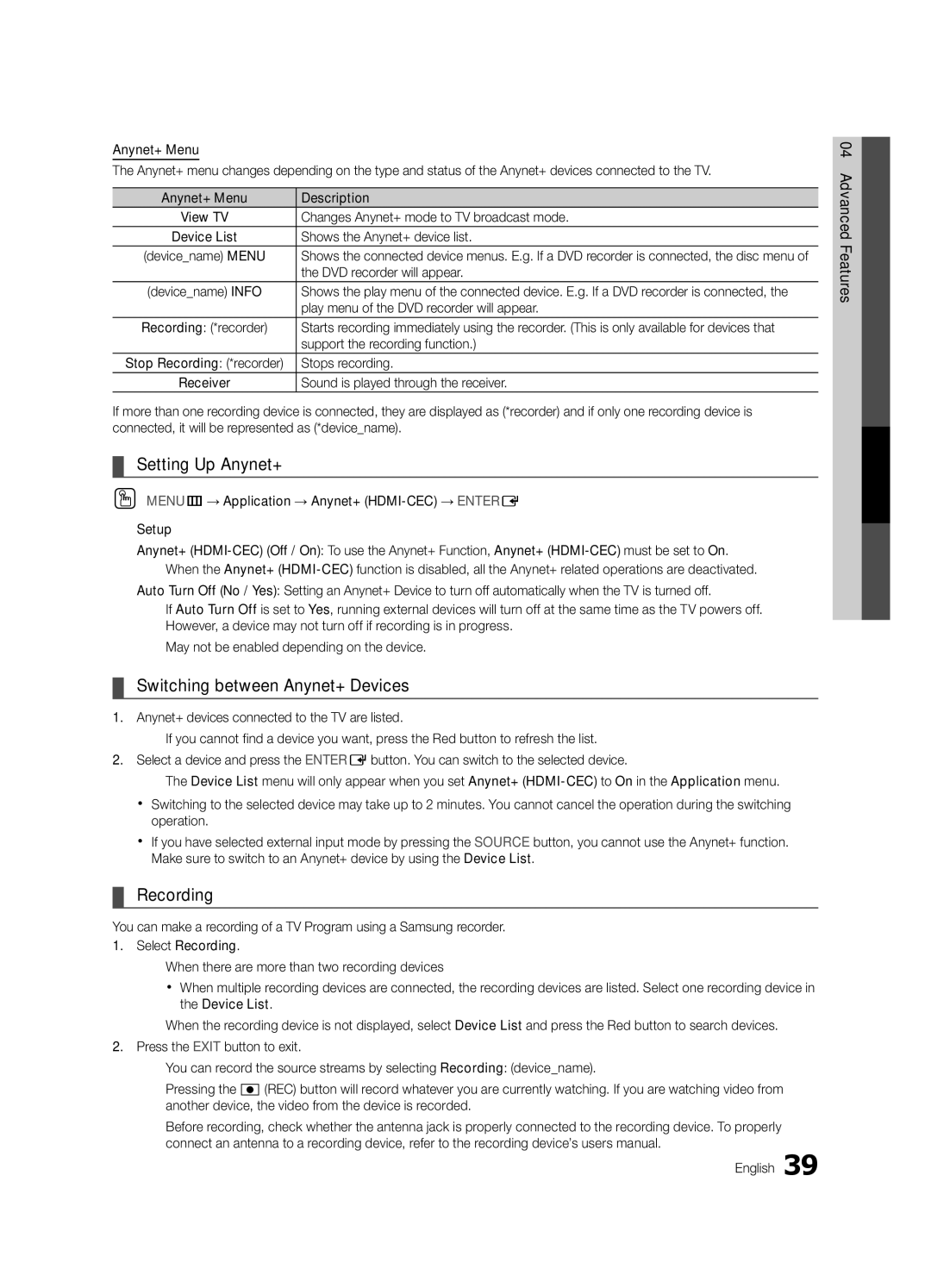 Samsung BN68-02711F-04 user manual Setting Up Anynet+, Switching between Anynet+ Devices, Recording 