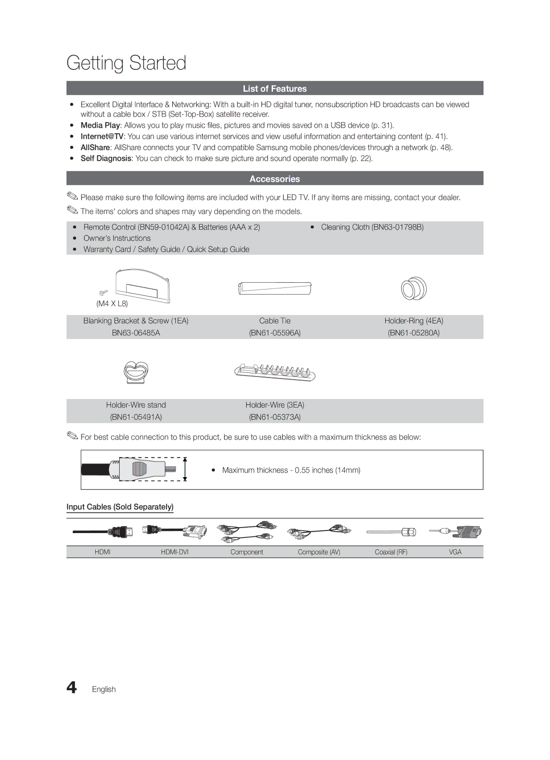 Samsung BN68-02711F-04 user manual Getting Started, List of Features, Accessories, Yy Cleaning Cloth BN63-01798B 