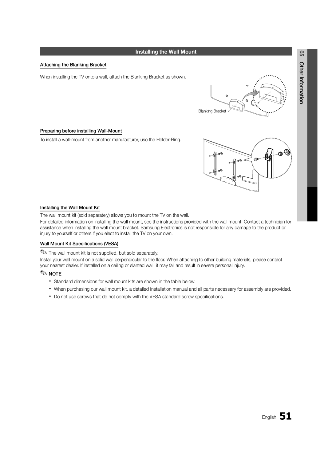 Samsung BN68-02711F-04 user manual Installing the Wall Mount, Blanking Bracket 