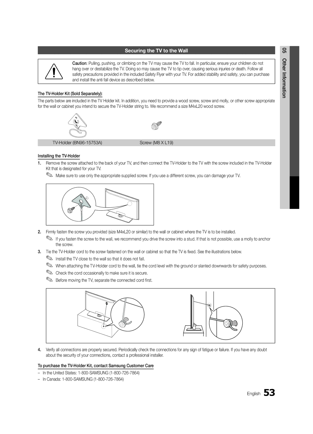 Samsung BN68-02711F-04 Securing the TV to the Wall, TV-Holder Kit Sold Separately, TV-Holder BN96-15753A, Screw M8 X L19 