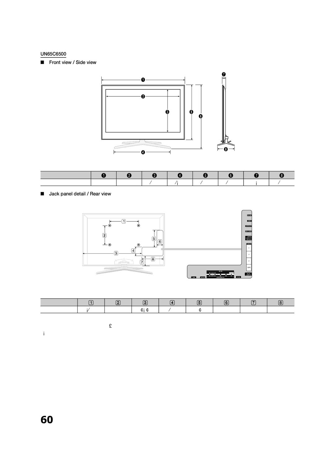 Samsung BN68-02711F-04 UN65C6500 Front view / Side view, Model name UN65C6500 59.8 56.5, Model name UN65C6500 23.6 