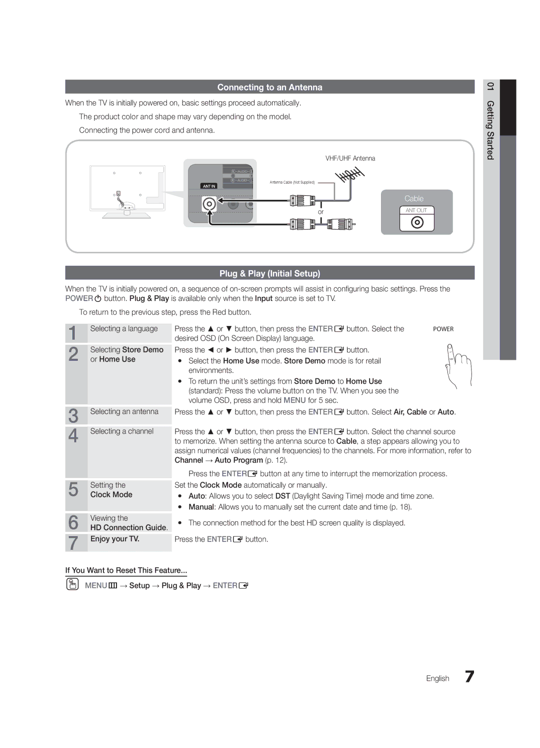 Samsung BN68-02711F-04 user manual Connecting to an Antenna, Plug & Play Initial Setup, Enjoy your TV, HD Connection Guide 