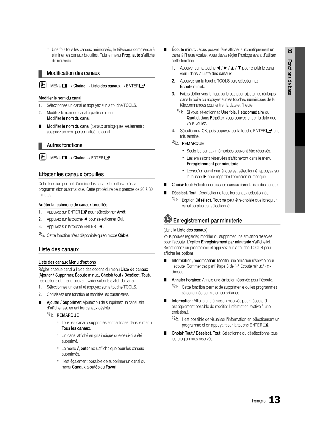 Samsung BN68-02711F-04 user manual Effacer les canaux brouillés, Enregistrement par minuterie, Modification des canaux 