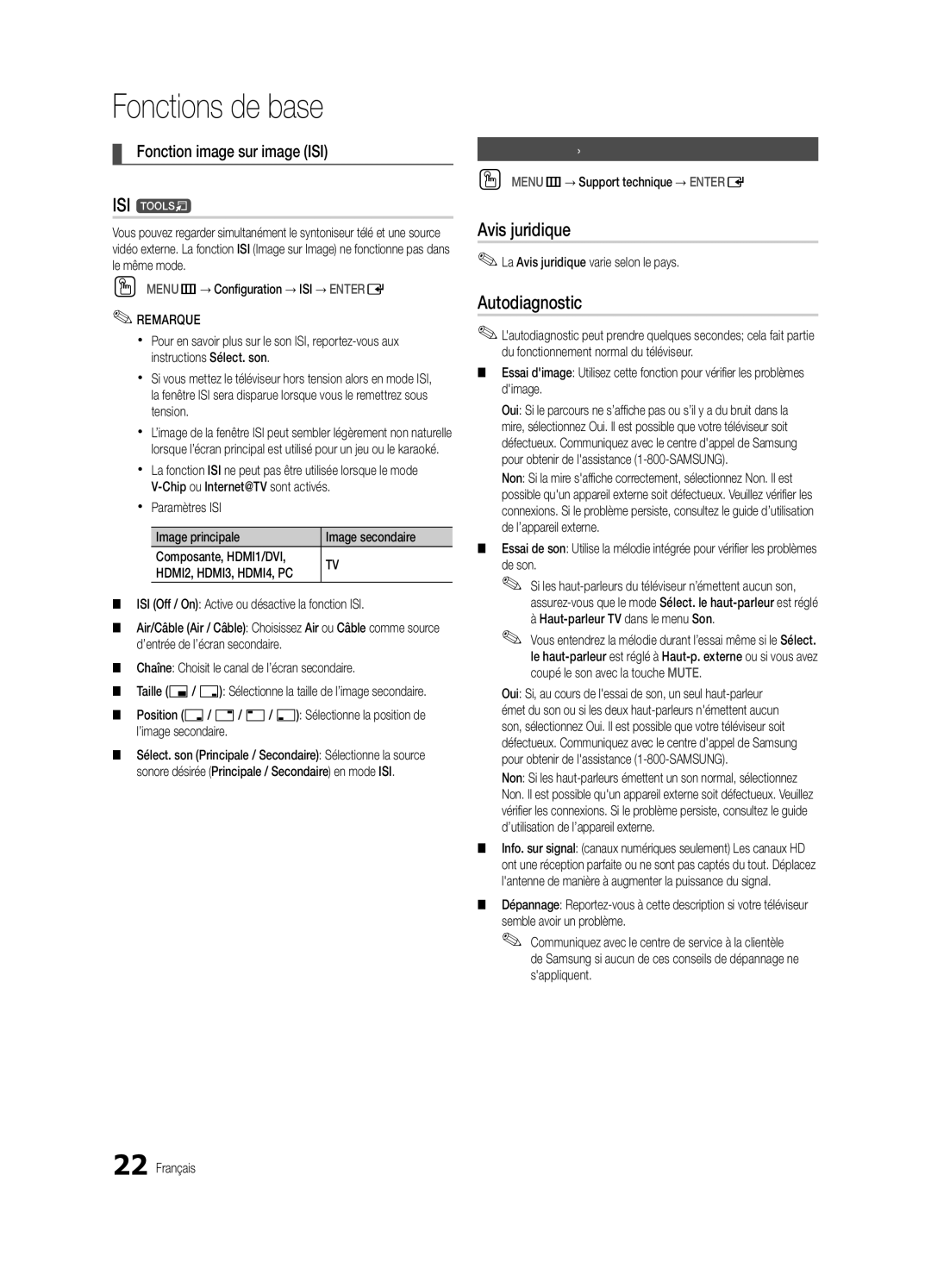 Samsung BN68-02711F-04 ISI t, Avis juridique, Autodiagnostic, Fonction image sur image ISI, Menu Soutien technique 