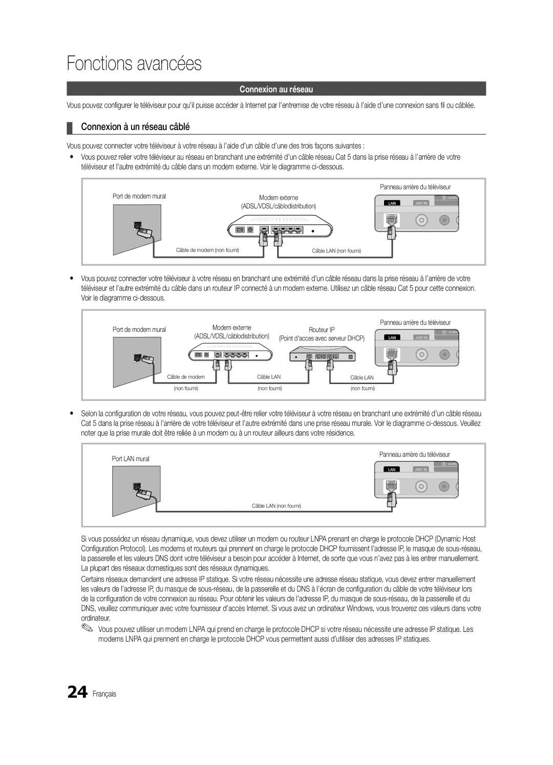 Samsung BN68-02711F-04 user manual Fonctions avancées, Connexion à un réseau câblé, Connexion au réseau, Port LAN mural 