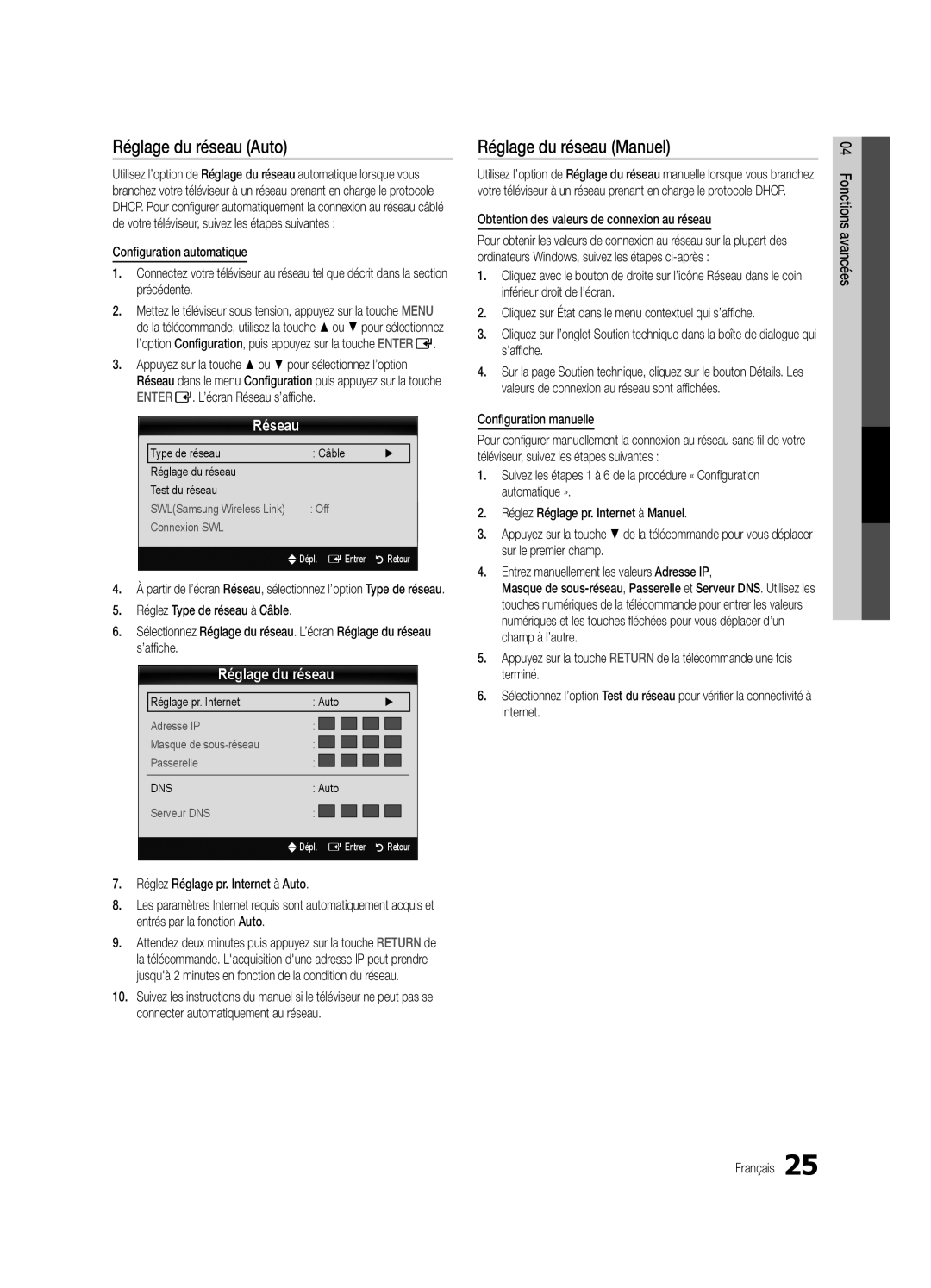 Samsung BN68-02711F-04 user manual Réglage du réseau Auto, Réglage du réseau Manuel, Réseau 