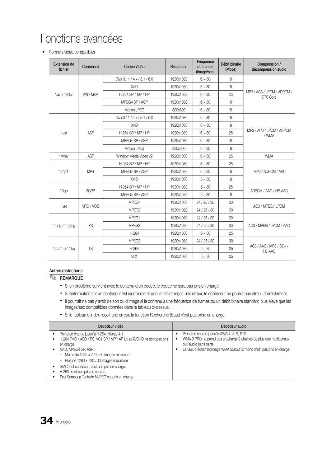 Samsung BN68-02711F-04 Yy Formats vidéo compatibles, Extension de Fréquence, Compression, En charge Ou laudio sans perte 