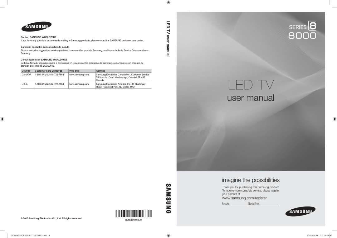 Samsung BN68-02712A-06 user manual Led Tv, Samsung Electronics Canada Inc., Customer Service 