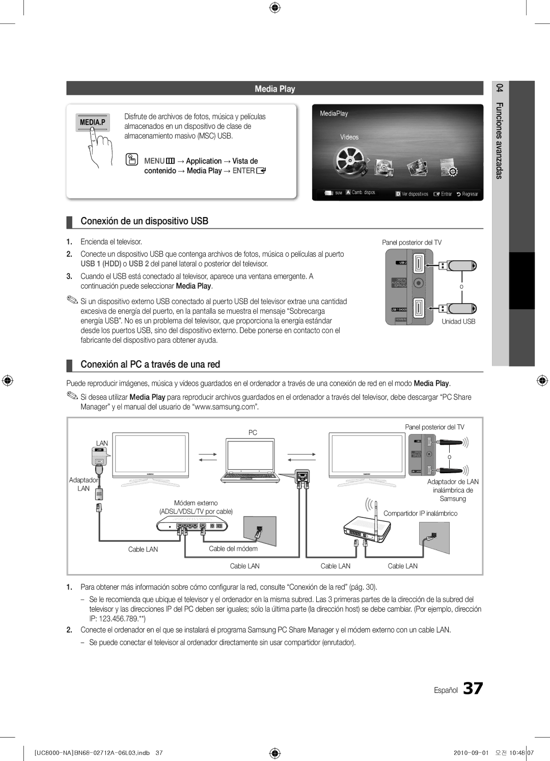 Samsung BN68-02712A-06 user manual Conexión de un dispositivo USB, Conexión al PC a través de una red, Media Play 