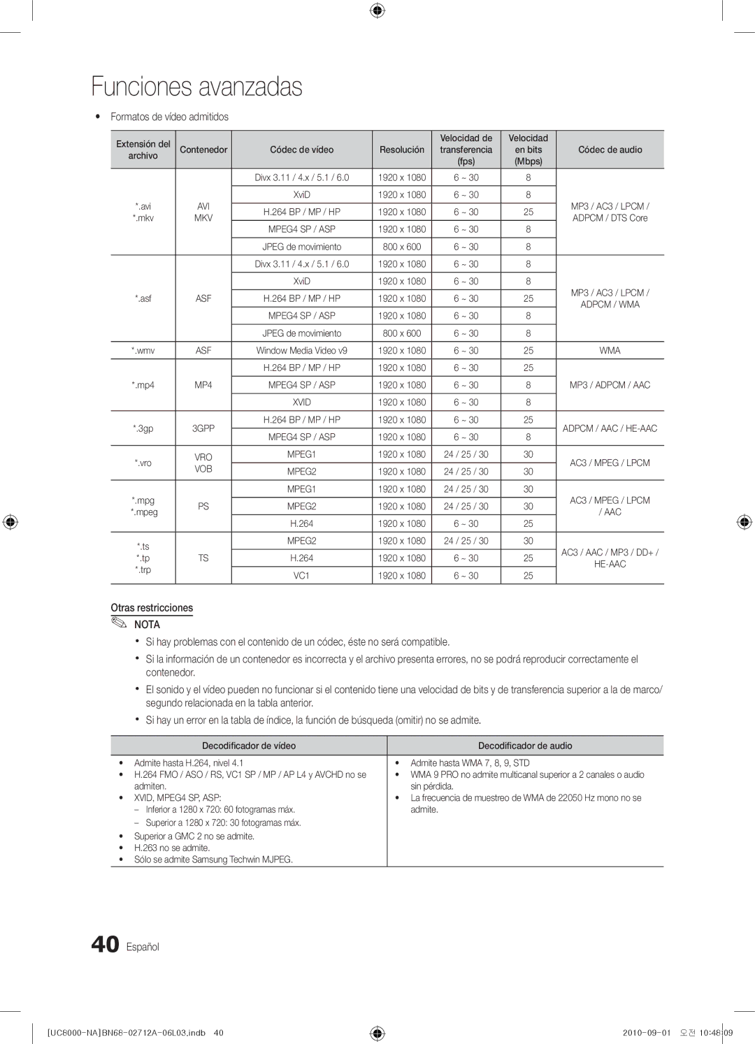 Samsung BN68-02712A-06 user manual Yy Formatos de vídeo admitidos, Extensión del Velocidad de, Admiten Sin pérdida 