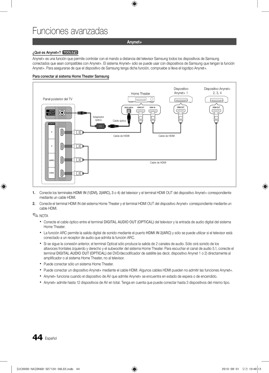 Samsung BN68-02712A-06 user manual ¿Qué es Anynet+? t, Para conectar al sistema Home Theater Samsung, Dispositivo 