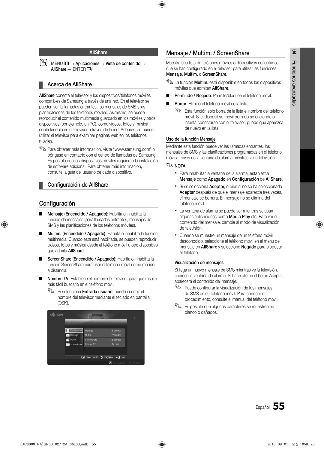 Samsung BN68-02712A-06 user manual Mensaje / Multim. / ScreenShare, Acerca de AllShare, Configuración de AllShare 