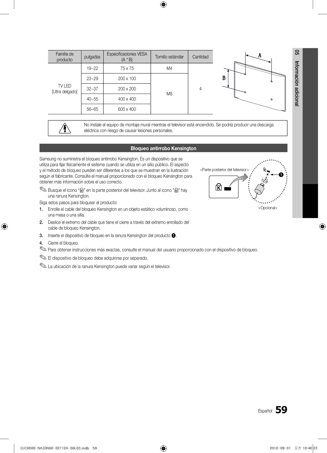 Samsung BN68-02712A-06 user manual Bloqueo antirrobo Kensington, Familia de, Cantidad 