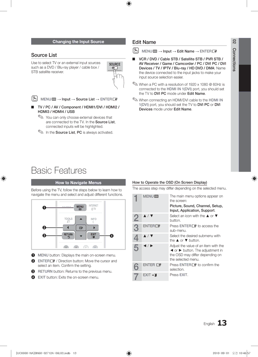 Samsung BN68-02712A-06 user manual Basic Features, Source List, Edit Name, Changing the Input Source, How to Navigate Menus 