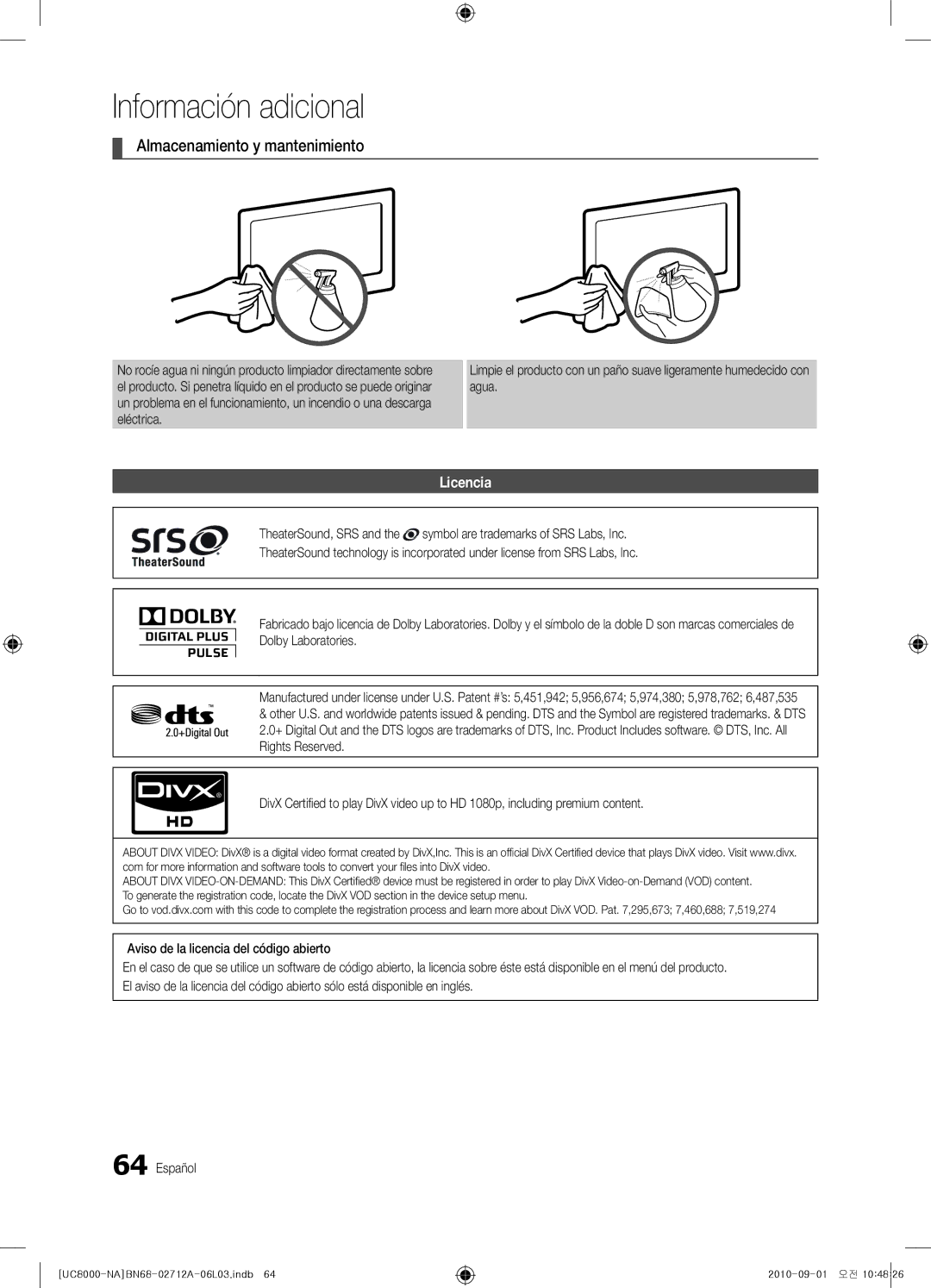 Samsung BN68-02712A-06 user manual Almacenamiento y mantenimiento, Licencia 