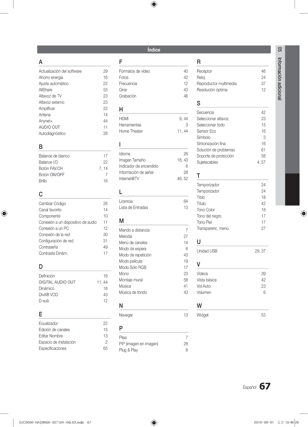 Samsung BN68-02712A-06 user manual Índice, Formatos de vídeo Fotos Frecuencia Girar Grabación 