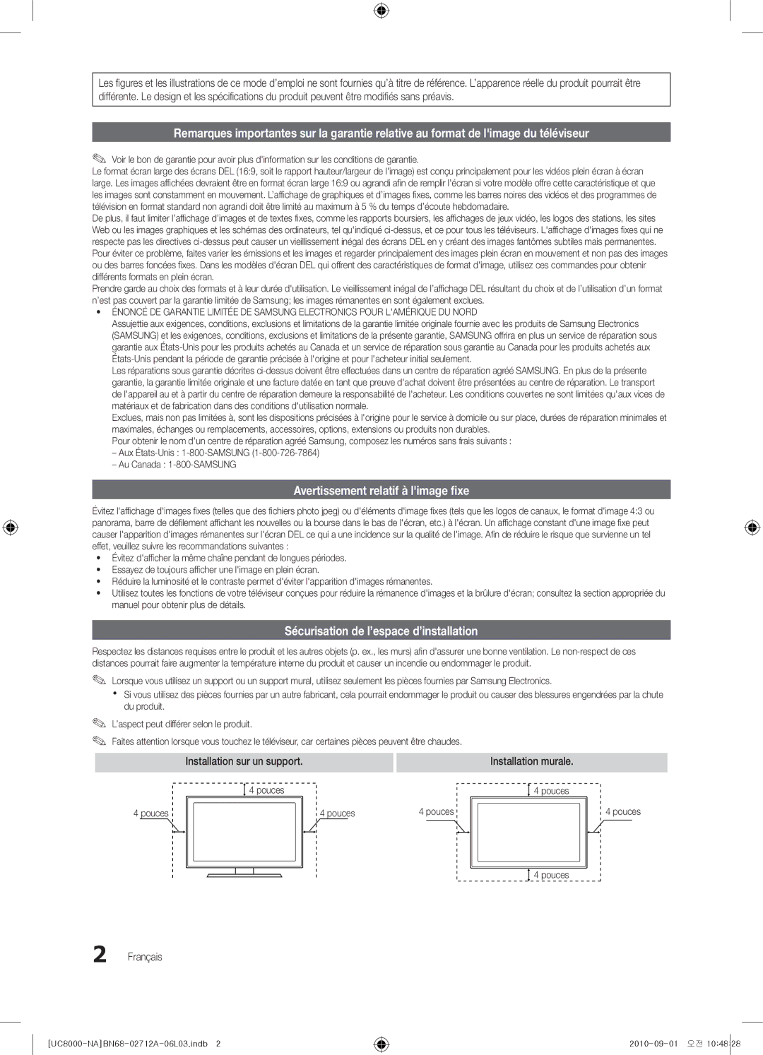 Samsung BN68-02712A-06 Avertissement relatif à limage fixe, Sécurisation de l’espace d’installation, Installation murale 
