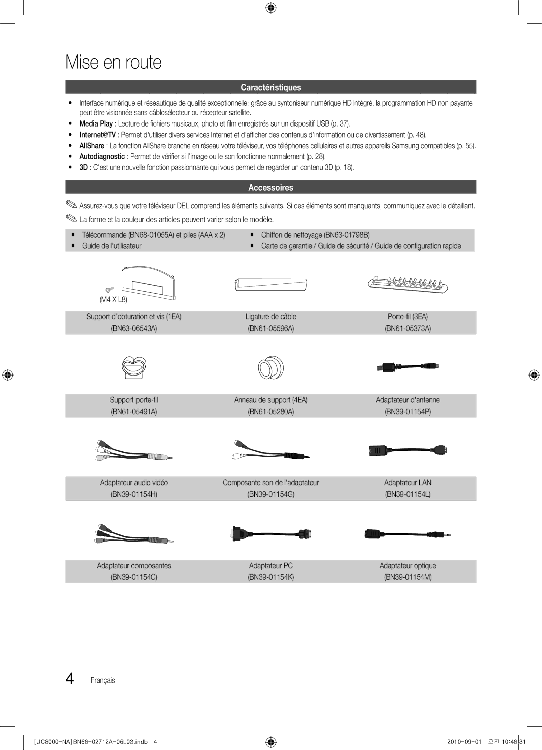 Samsung BN68-02712A-06 user manual Mise en route, Caractéristiques, Accessoires 