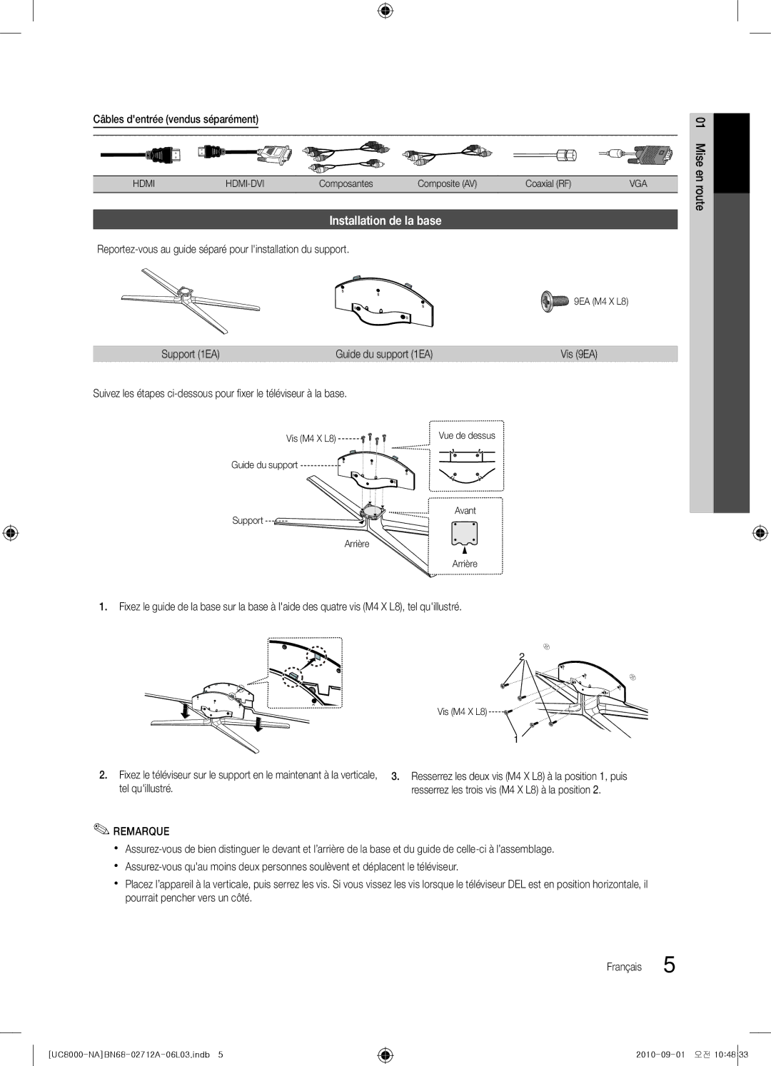 Samsung BN68-02712A-06 user manual Installation de la base, Câbles dentrée vendus séparément, Support 1EA, Vis 9EA 