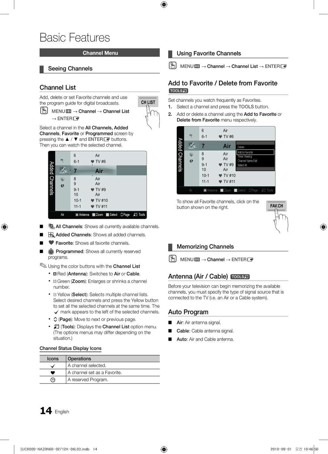 Samsung BN68-02712A-06 Channel List, Add to Favorite / Delete from Favorite, Antenna Air / Cable t, Auto Program 