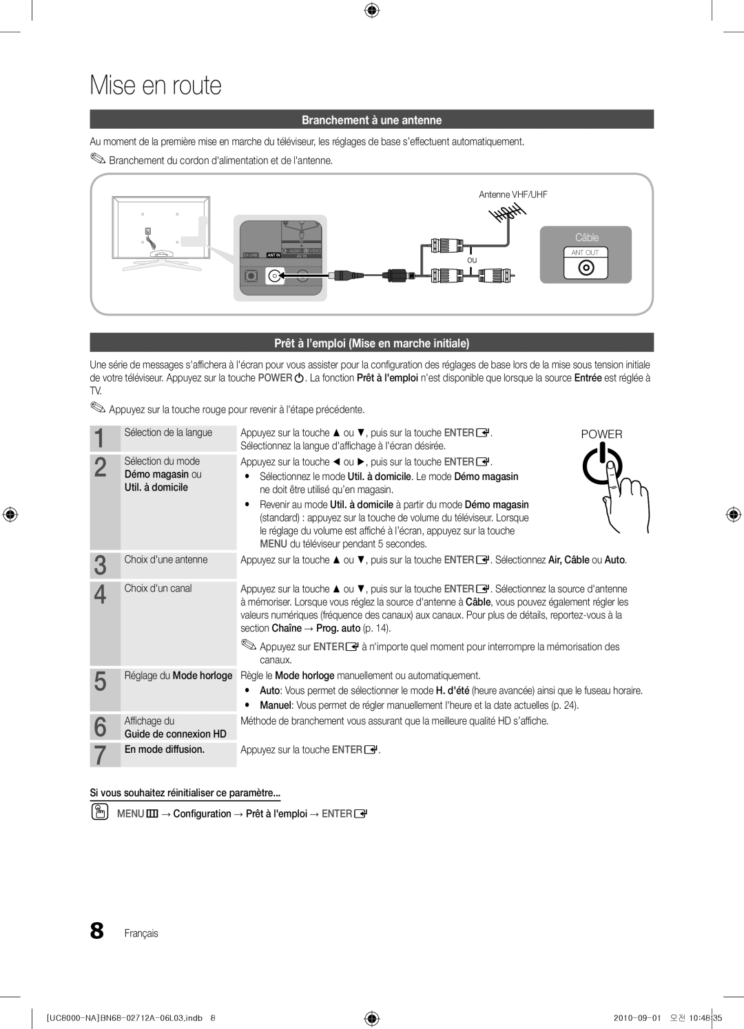 Samsung BN68-02712A-06 user manual Branchement à une antenne, Prêt à l’emploi Mise en marche initiale, Antenne VHF/UHF 