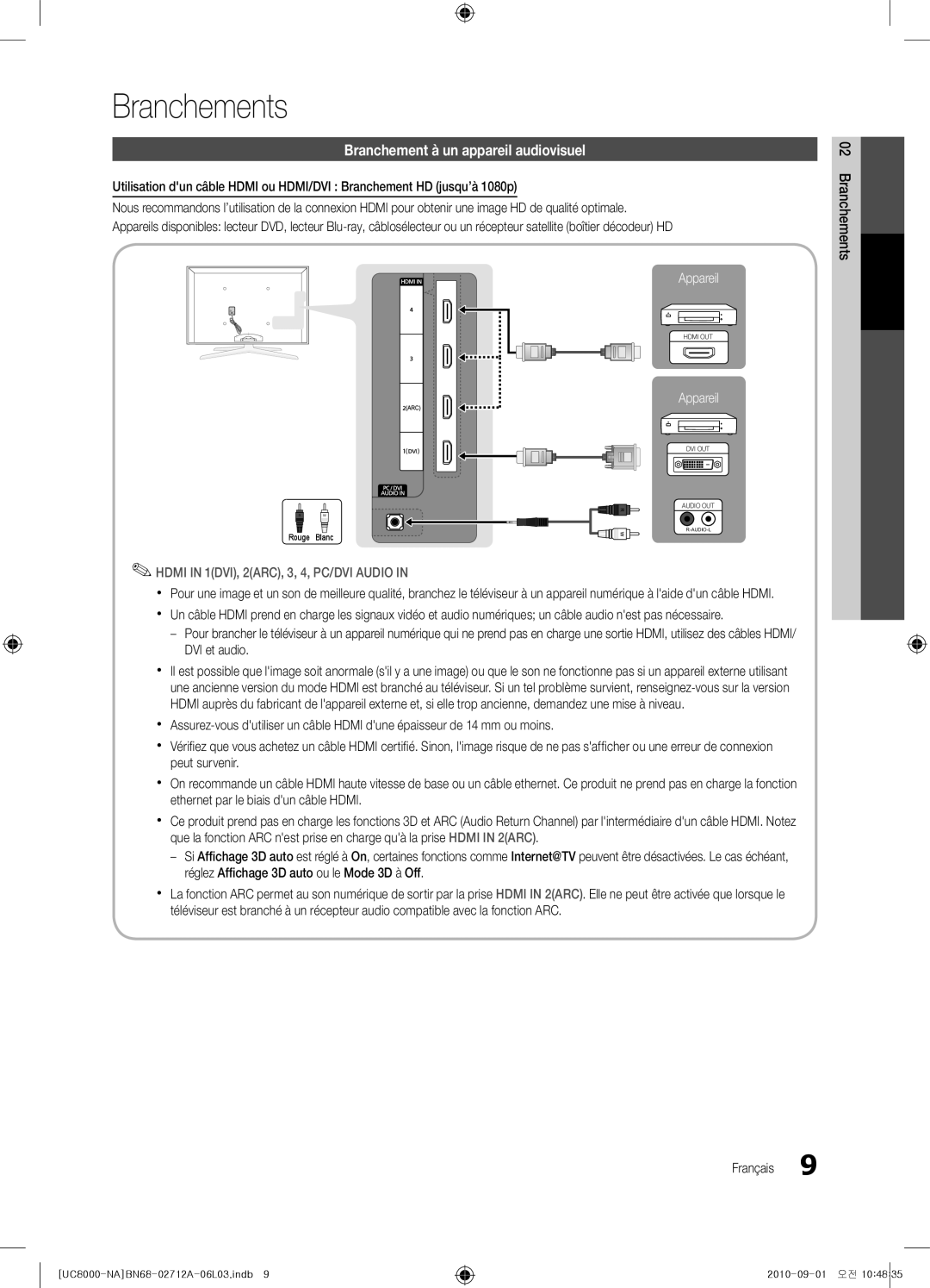 Samsung BN68-02712A-06 user manual Branchements, Branchement à un appareil audiovisuel 