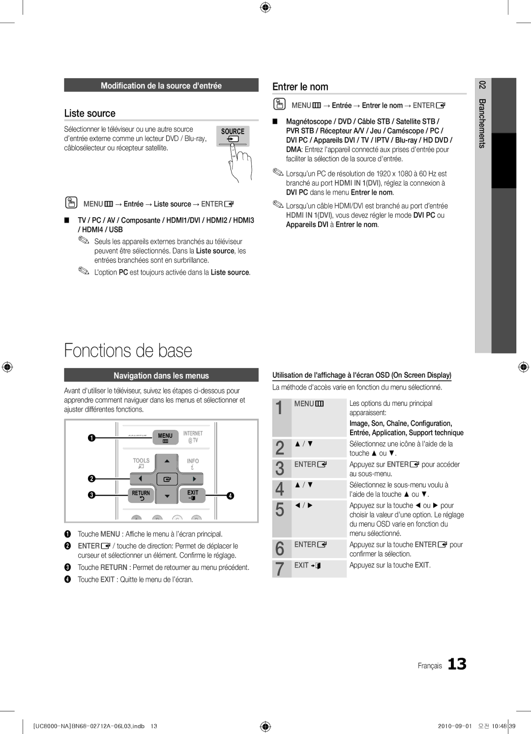 Samsung BN68-02712A-06 user manual Fonctions de base, Liste source, Entrer le nom, Modification de la source dentrée 