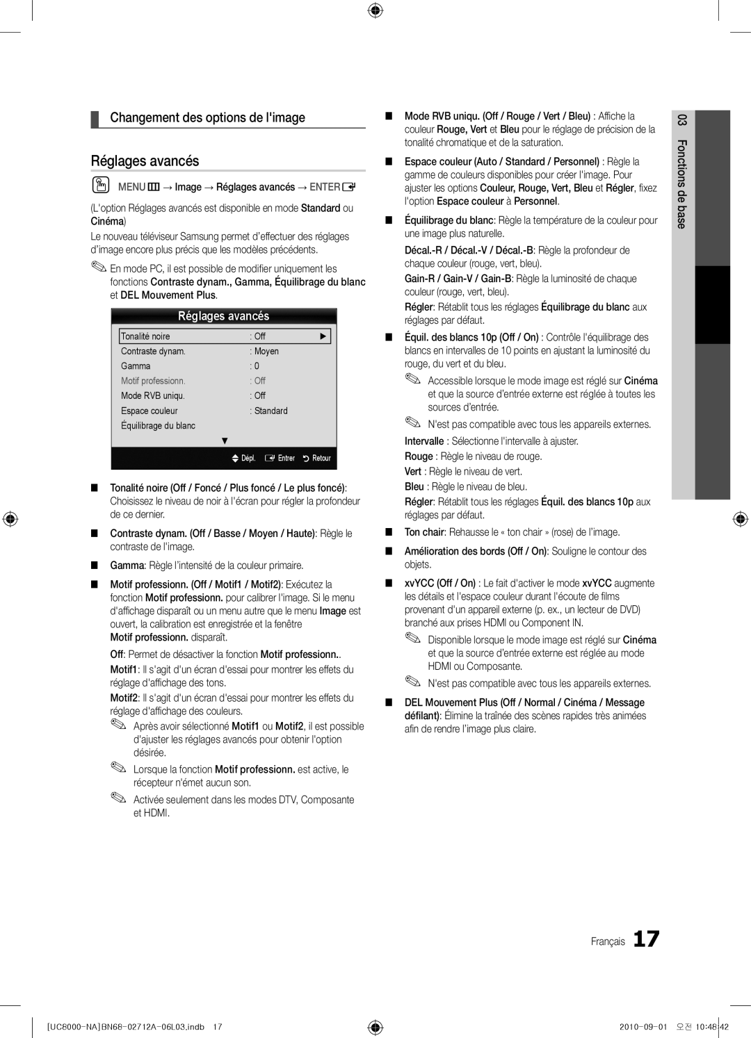 Samsung BN68-02712A-06 user manual Réglages avancés, Changement des options de limage, Motif professionn. disparaît 