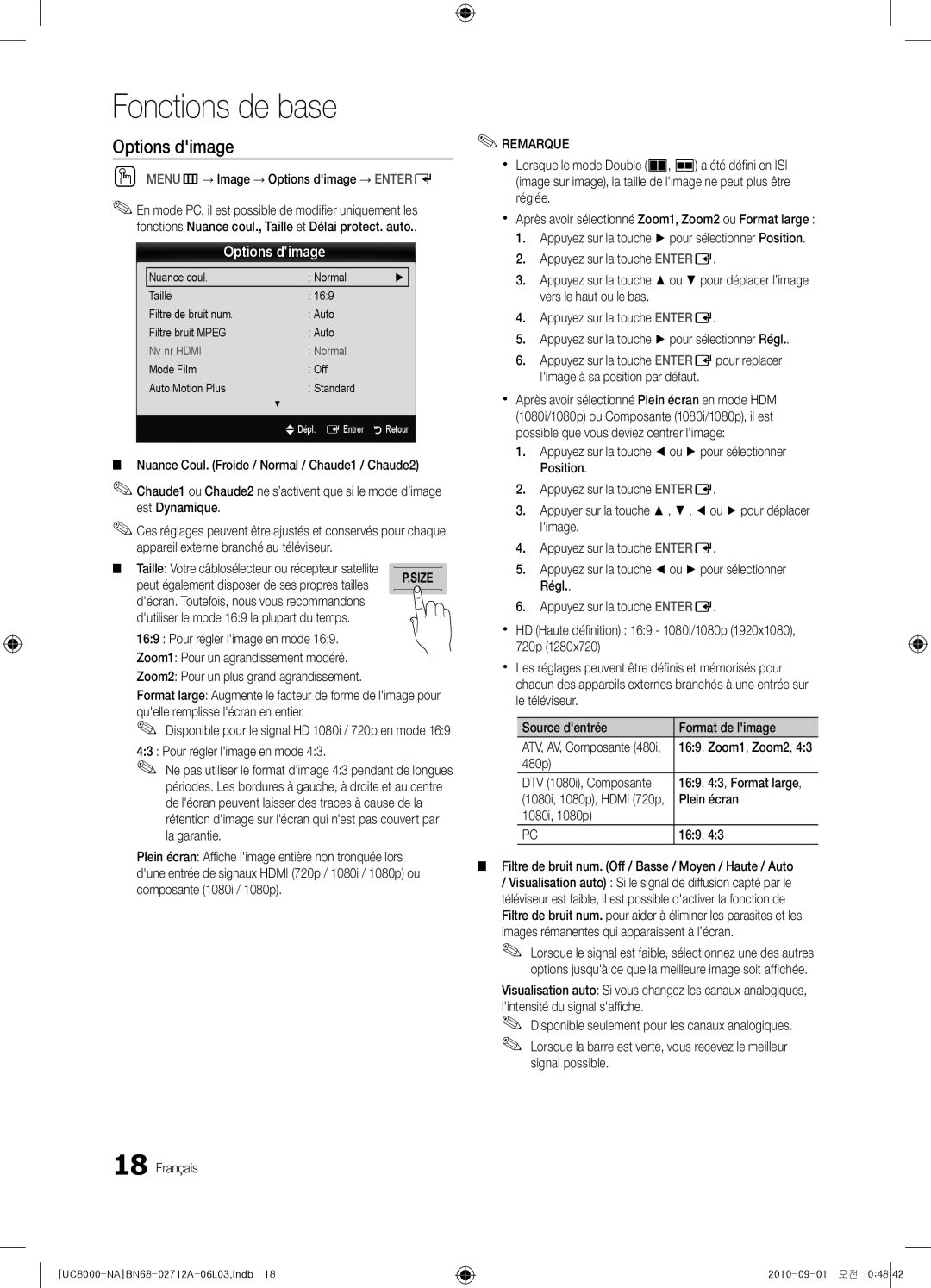 Samsung BN68-02712A-06 user manual OO MENUm→ Image → Options dimage → Entere, 480p, Plein écran 