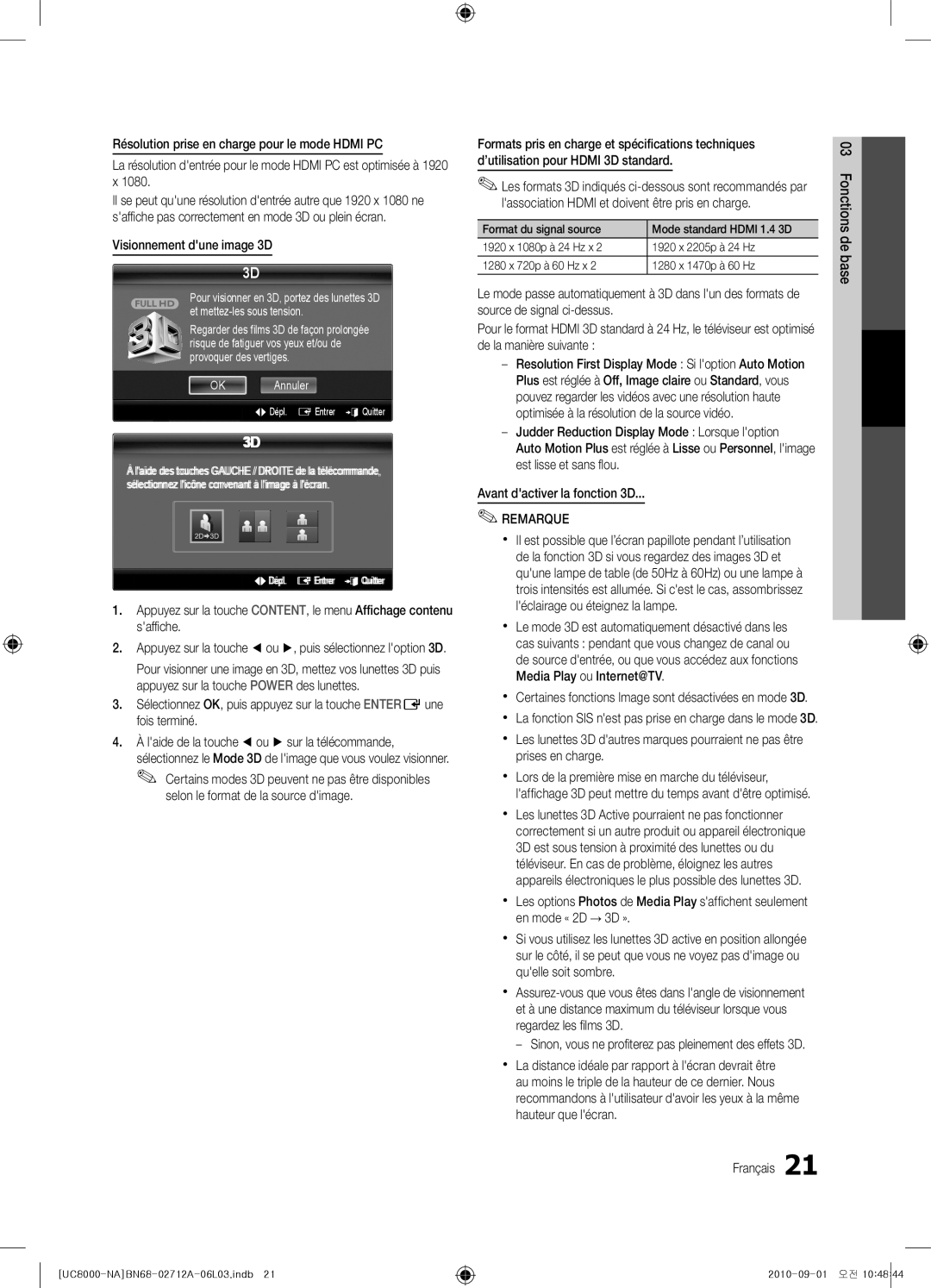 Samsung BN68-02712A-06 user manual Visionnement dune image 3D, Selon le format de la source dimage 