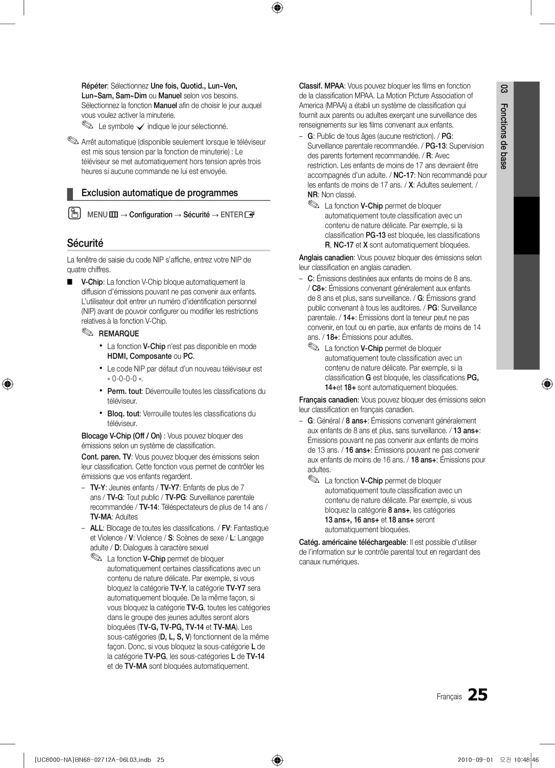 Samsung BN68-02712A-06 user manual Sécurité, Exclusion automatique de programmes 