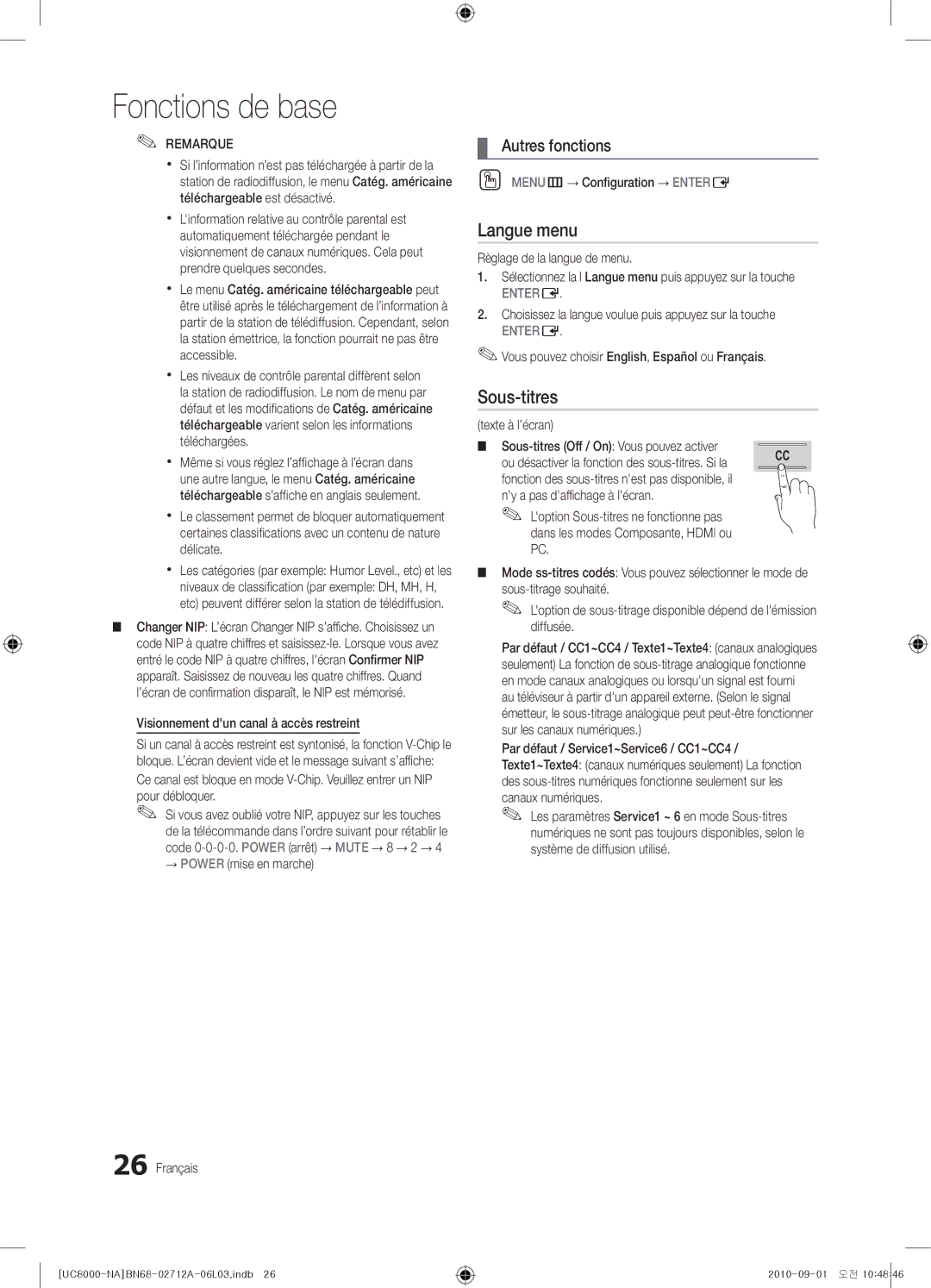 Samsung BN68-02712A-06 user manual Langue menu, Sous-titres 