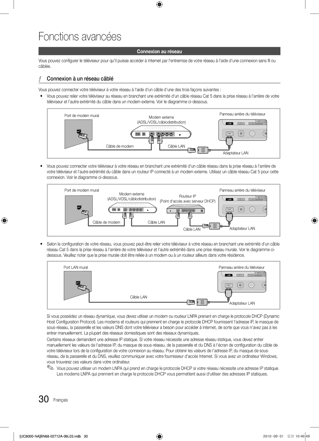 Samsung BN68-02712A-06 user manual Fonctions avancées, Connexion à un réseau câblé, Connexion au réseau 