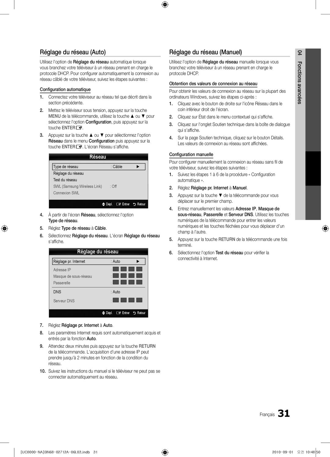 Samsung BN68-02712A-06 user manual Réglage du réseau Auto, Réglage du réseau Manuel, Réseau 