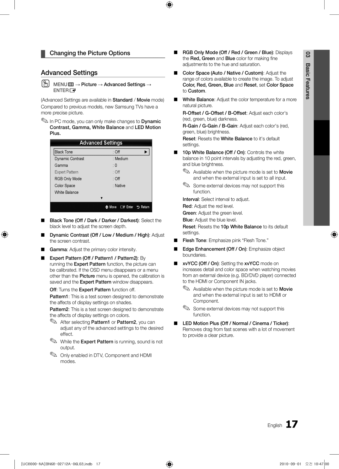 Samsung BN68-02712A-06 user manual Changing the Picture Options, OO MENUm→ Picture → Advanced Settings → 