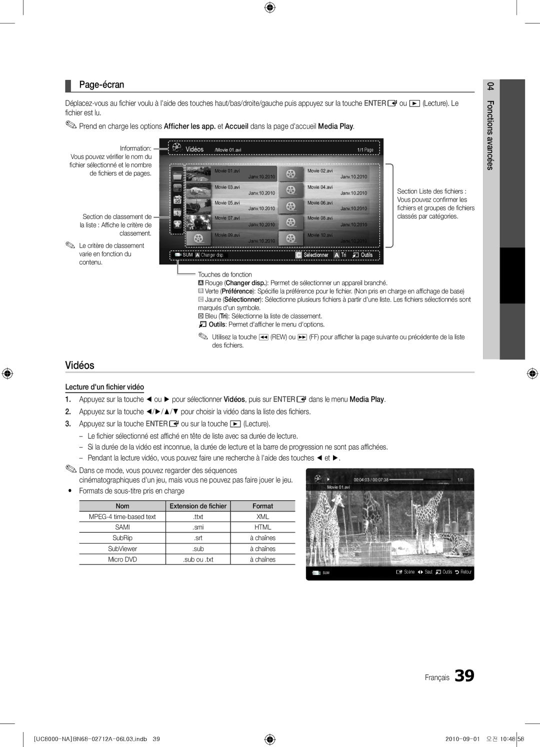 Samsung BN68-02712A-06 user manual Vidéos, Page-écran, Yy Formats de sous-titre pris en charge, Contenu 