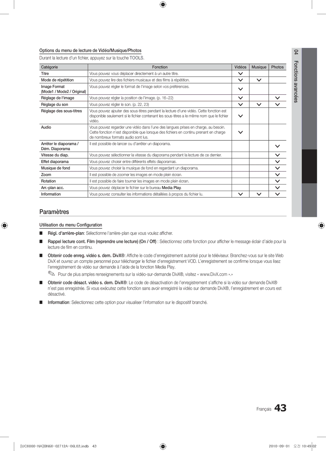 Samsung BN68-02712A-06 user manual Paramètres, Lecture de film en continu, Désactivé, Vidéo Audio 