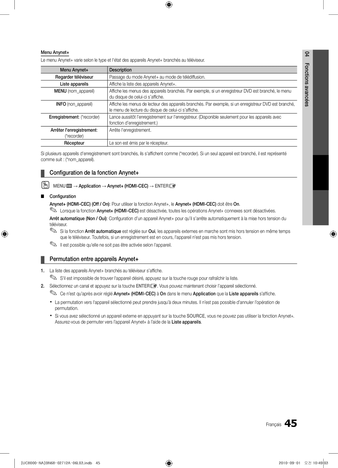 Samsung BN68-02712A-06 user manual Configuration de la fonction Anynet+, Permutation entre appareils Anynet+ 