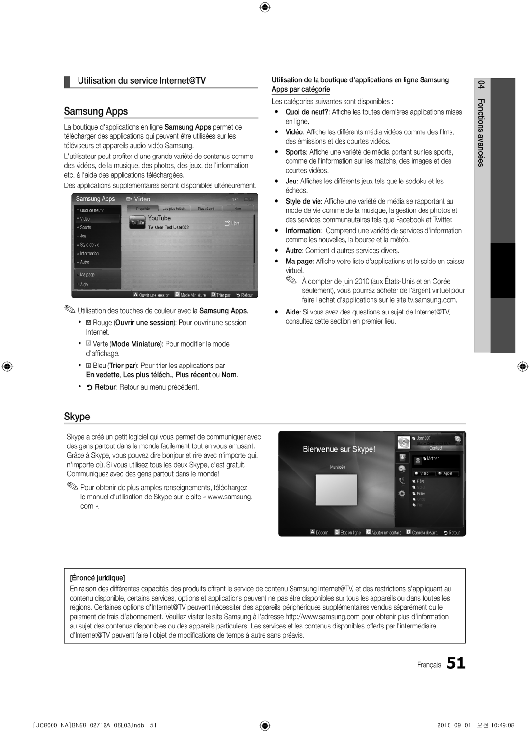 Samsung BN68-02712A-06 user manual Utilisation du service Internet@TV, Énoncé juridique Français 