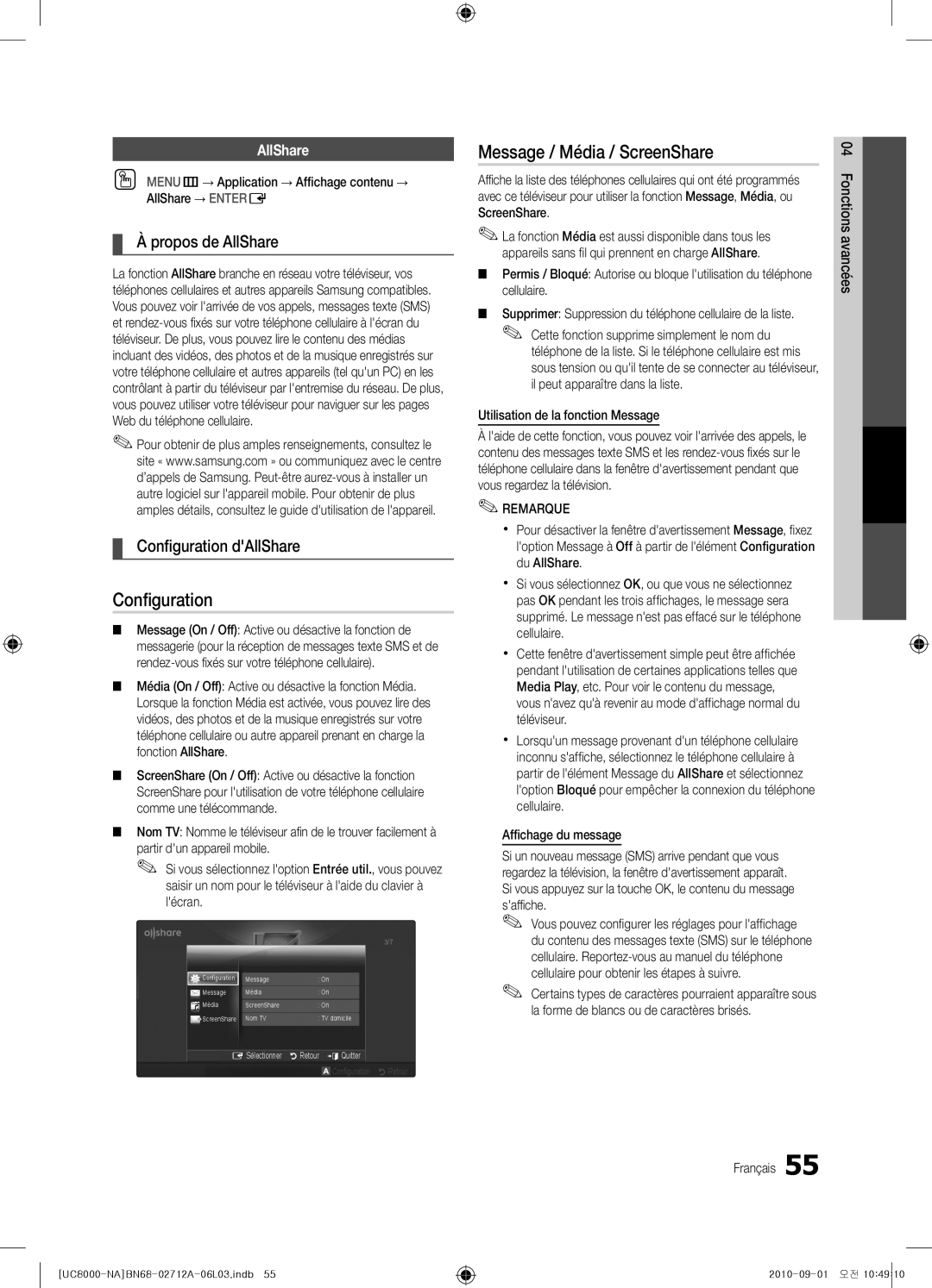 Samsung BN68-02712A-06 user manual Message / Média / ScreenShare, Propos de AllShare, Configuration dAllShare 