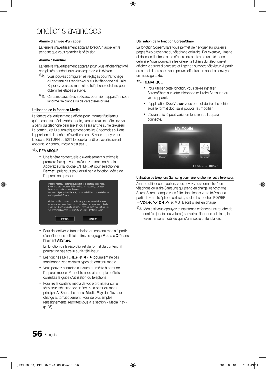 Samsung BN68-02712A-06 user manual Alarme darrivée dun appel, Alarme calendrier, Utilisation de la fonction Media 