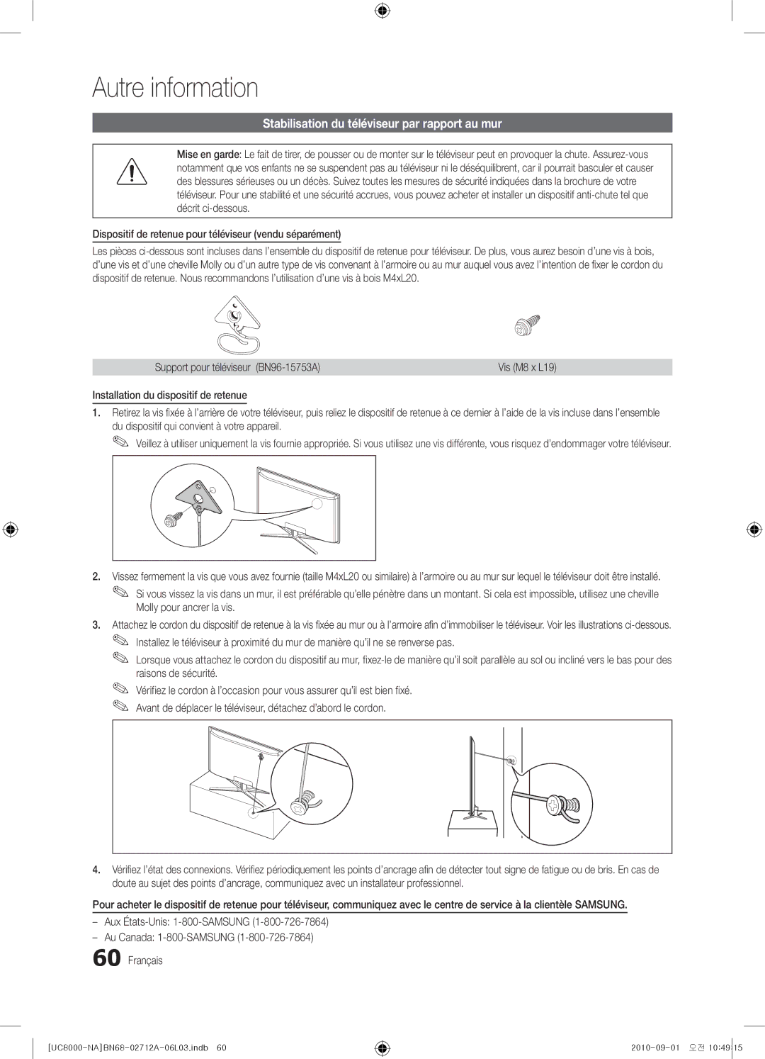 Samsung BN68-02712A-06 user manual Stabilisation du téléviseur par rapport au mur, Support pour téléviseur BN96-15753A 