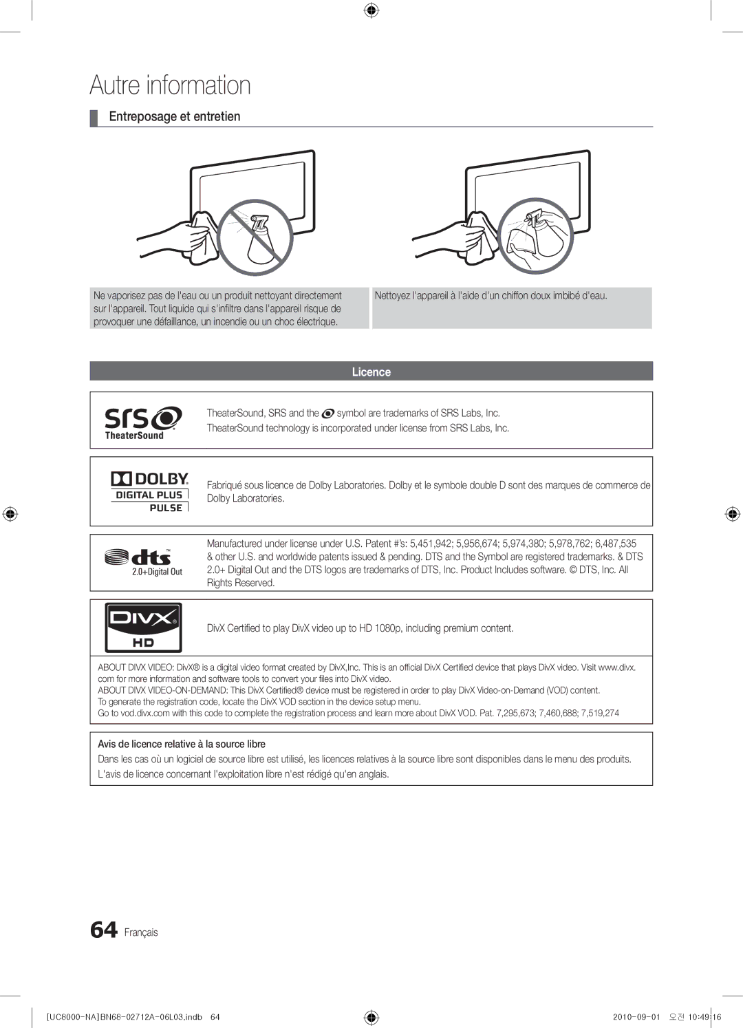 Samsung BN68-02712A-06 Entreposage et entretien, Licence, Nettoyez lappareil à laide dun chiffon doux imbibé deau 